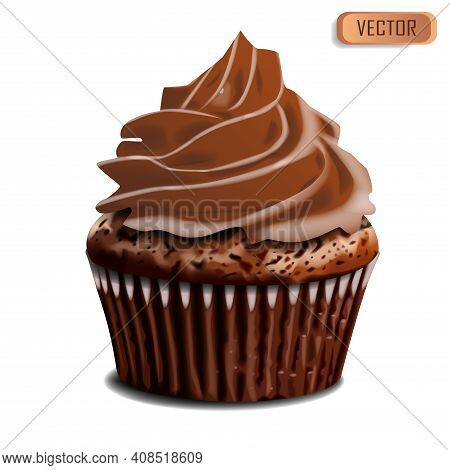 Chocolate Cupcake, Delicious Creamy Muffin Realistic Vector Illustration. 3d Muffin Chocolate Bake D