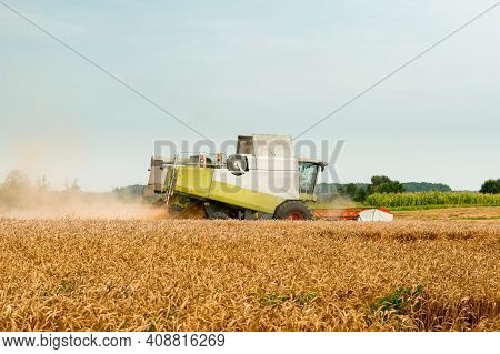 Rotary Straw Walker Cut And Threshes Ripe Wheat Grain. Combine Harvesters With Grain Header, Wide Ch