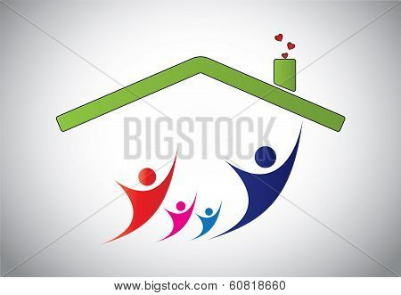 Happy Family Of Man, Woman And Children Jumping Joy In Home House