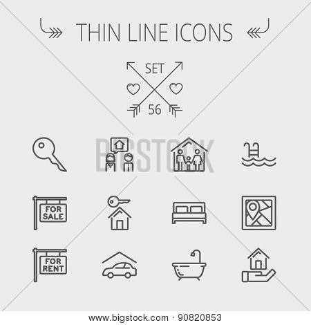 Real estate thin line icon set for web and mobile. Set includes- key, placard, couple, garage, family, tub, pool icons. Modern minimalistic flat design. Vector dark grey icon on light grey background.