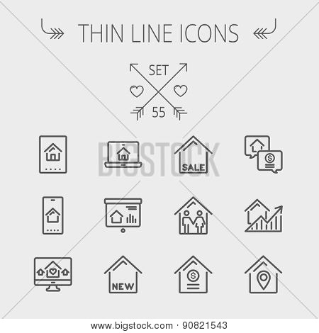 Real estate thin line icon set for web and mobile. Set includes- electronic keycard, business card, graphs, new house, couple, dollar, locator pin icons. Modern minimalistic flat design. Vector dark