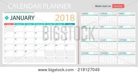 English calendar planner for year 2018, week start on Sunday. Set of 12 months, corporate design planner template, size A4 printable calendar templates.