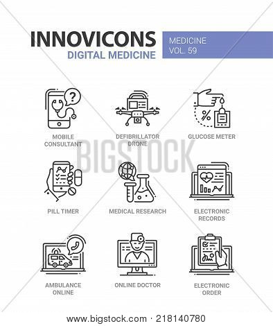 Digital medicine - line design icons set with description. Mobile consultant, defibrillator drone, glucose meter, pill timer, medical research, electronic records, ambulance online, doctor, order