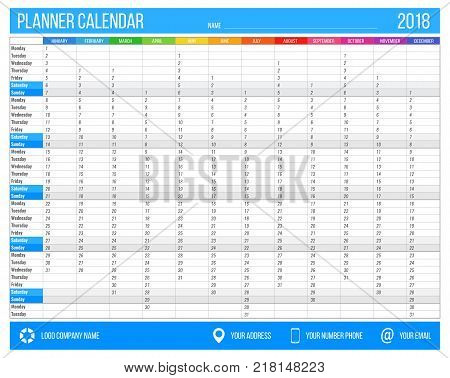 English calendar planner for year 2018. 12 months, corporate design planner template, size A4 printable calendar templates. Blue color.