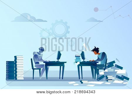 Robot Vs Human Modern Robotic Machine And Man Working At Computer Technology And Artificial Intelligence Concept Vector Illustration