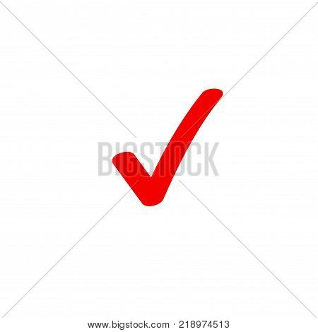 Tick icon vector symbol, marker red checkmark isolated on white background, checked icon or correct choice sign doodle or handwritten style, check mark or checkbox pictogram