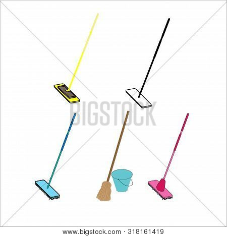 Housework Broom And Mop. Sweeper Brooms, Home Cleaning Mops And Cleanup Broom With Dustpan. Broom, K