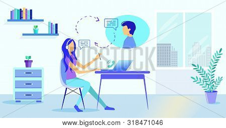 Cartoon Girl In Headset Microphone Help Man Customer Vector Illustration. Online Helpline Helpdesk H