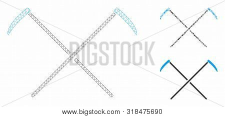 Mesh Scythes Model With Triangle Mosaic Icon. Wire Carcass Triangular Mesh Of Scythes. Vector Mosaic