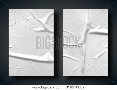 White Bad Glued Paper Realistic Vector Illustration. Set Of Wet Wrinkled And Creased Paper Sheets Wi