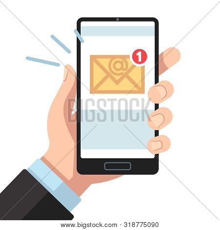 Email Notification On Smartphone In Hand. Inbox Unread Mail, New Emails Message. Sending Letters Rec