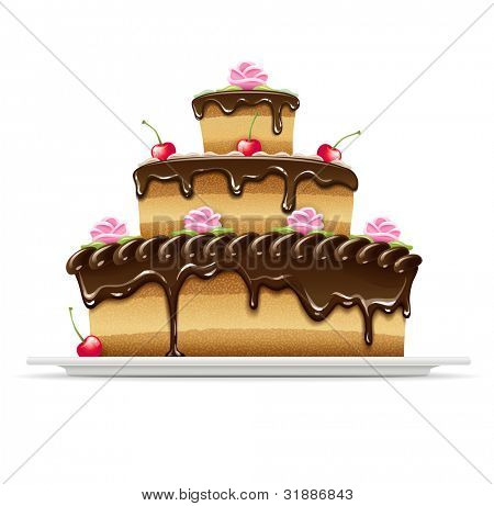 Sweet chocolate cake for birthday holiday. Vector illustration. Isolated on white background. EPS10