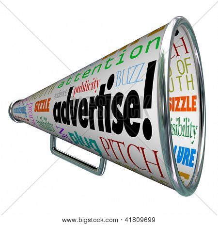 A bullhorn megaphone covered with words describing advertising such as advertise, promotion, public relations, marketing, attention, audience, plug, buzz and many more