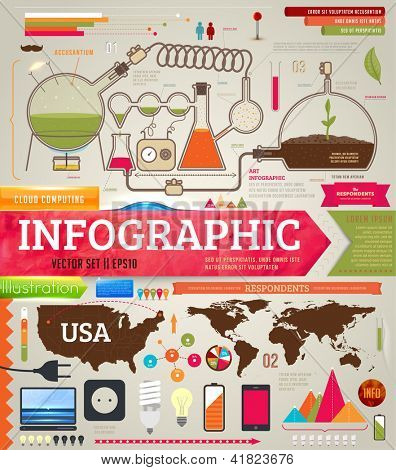 Set Design, orvosi és kémiai elemek, telefonok, a lámpák és a világ és a USA m infographics