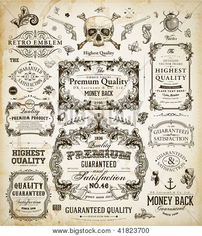 Vector set of calligraphic design elements: page decoration, Premium Quality and Satisfaction Guarantee Label, antique and baroque frames | Old paper texture with dirty footprints of a cup of coffee.