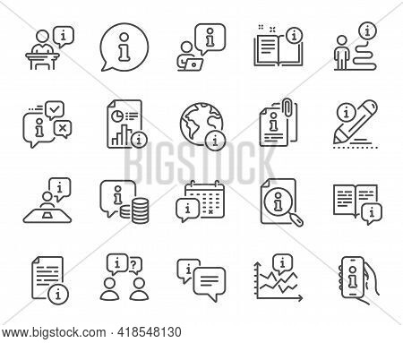 Info Center Line Icons. Reception Information, Journey Path, Guide Book. Call Center, Faq Chat Bubbl