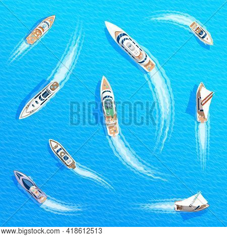 Set Of Yachts Maritime Ships At Sea, Shipping Boats Top View. Water Transport Boat, Sail Boat, Ocean