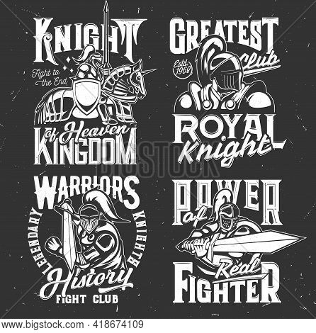 Knight In Helmet, Warrior With Shield Armor And Sword, Vector Medieval Spartan On Horse. Fight Club 