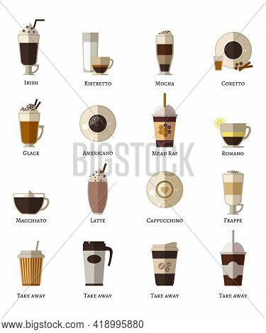 Coffee Types Vector Flat Icons Set. Latte Romano Frappe Glace Take Away Correta Mocha Irish Ristrett