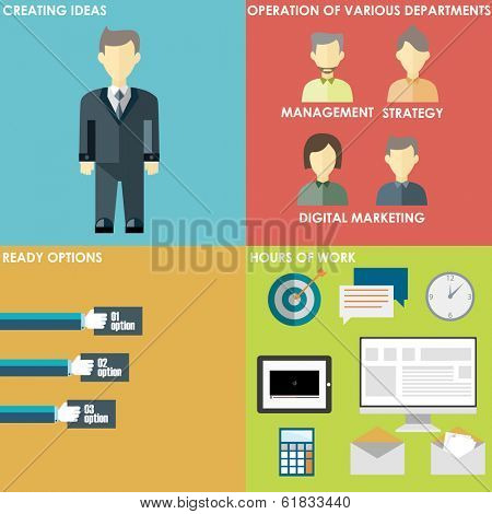 Set of flat design concept icons for infographic and presentation. Icons for mobile marketing, email marketing, video marketing and digital marketing.