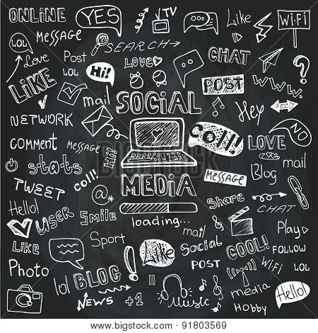 Social Media Word and Icon Cloud.Doodle sketchy Chalkboard