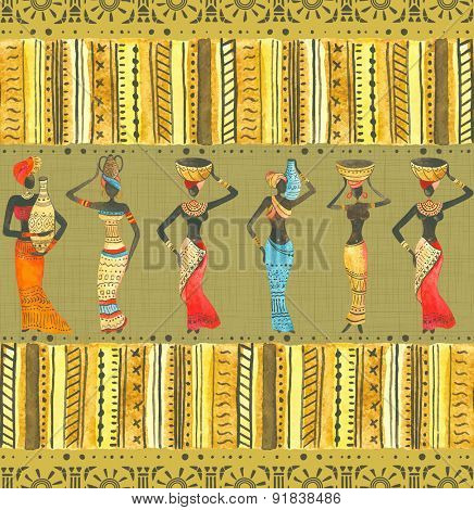 Seamless watercolor pattern pattern with beautiful African woman.