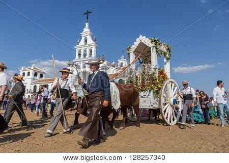 El ROCIO, ANDALUCIA, SPAIN - MAY 22: Romeria after visiting the Sanctuary goes to village.  2015  It is one of the most famous pilgrimage of Spain. This pilgrimage passes from the 15th century.