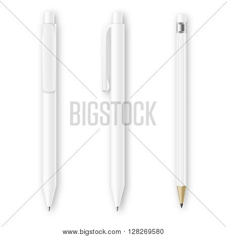 White pen and pencil vector mockups. Corporate identity and branding stationery template. Branding pen and pencl identity, office pencil and pen, design pen and pencil illustration