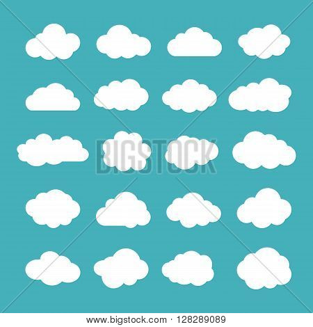 Clouds. Cloud shapes flat icons set. Cloud symbols. Clouds isolated on blue background. Collection of cloud pictograms. Vector icons of clouds flat style. Cloud silhouettes. EPS8 vector illustration.