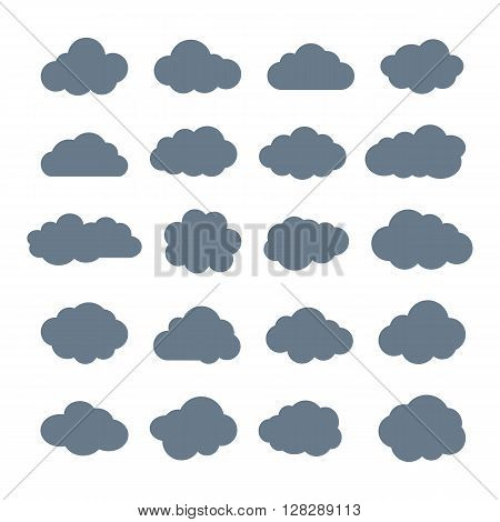 Clouds. Cloud shapes flat icons set. Cloud symbols. Clouds isolated on white background. Collection of cloud pictograms. Vector icons of clouds flat style. Cloud silhouettes. EPS8 vector illustration.