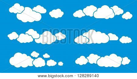 Clouds set. Cloud isolated on blue sky background. Cloud symbols. Cloud groups. Clouds flat icons. Collection of cloud pictograms. Vector icons of clouds. Cloud sihouettes. EPS8 vector illustration.