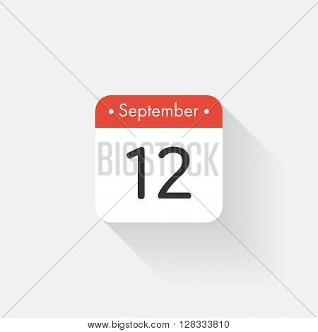 Calendar Icon with long shadow. Flat style. Date, day and month. Reminder. Vector illustration. Organizer application, app symbol. Ui. User interface sign. September. 12