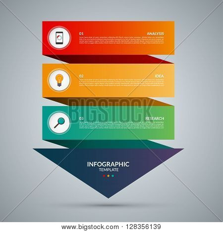 Arrow infographic concept. Vector template with 3 options parts stages buttons. Can be used for web, diagram, graph, presentation, chart, report, step by step infographics. Abstract background.