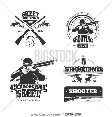 Retro weapons, shooting vector labels, emblems, badges, logos. Shooting weapon, shooting badge, shooting emblem and shooting label, shooting club illustration