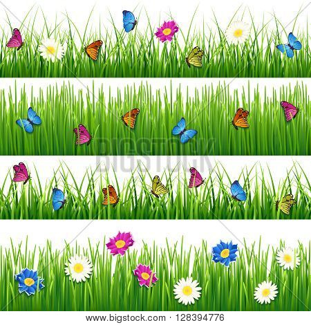 Green grass with flowers and butterflies. Seamless vector grass set. Flower and butterfly in grass seamless, nature flower and grass plant, meadow or field grass with flower and butterfly illustration