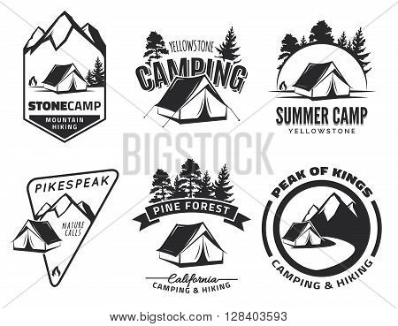 Set of vintage camping and outdoor adventure emblems logo and badges. Tent in forest or mountains. Camping equipment. Vector.