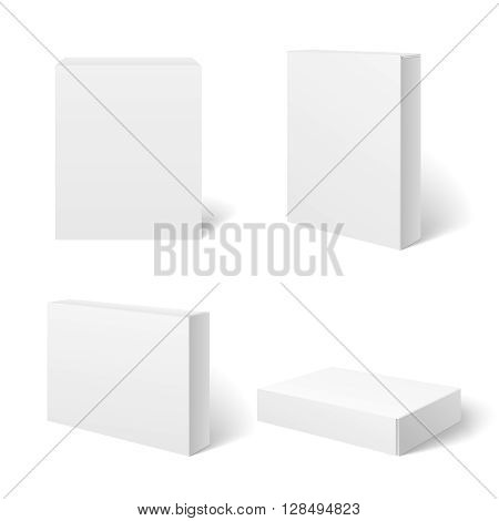 White blank cardboard package box in different positions. Vector template. Cardboard box template, box package,  box container illustration