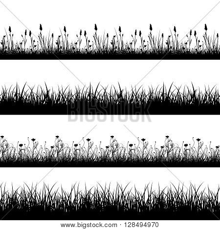 Seamless wild herbs, flowers and grass silhouettes vector set. Grass plant pattern, meadow grass and flower field, seamless flower and grass lawn, decoration line grass and flower illustration