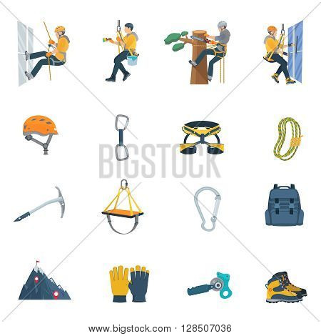 Color flat icons set of climbing equipment ofr industrial alpinism vector illustration