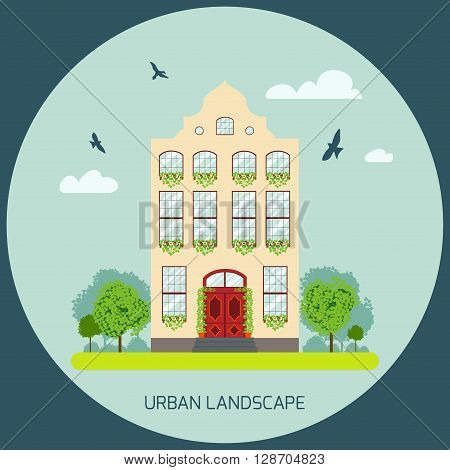 Residential house with a garden. Detailed house icon. Vector illustration of a house facade view. European home in flat style. Landscape with a house trees and flying birds. Urban landscape icon.