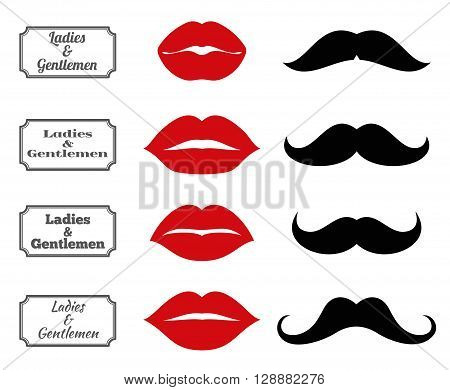 Ladies and gentlemen bathroom symbols. Vector lips and moustache icons. Lip and moustache fashion, vintage silhouette lip and moustach, hipster lip and moustach illustration