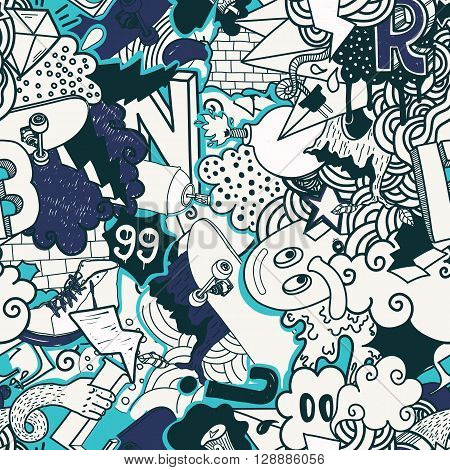 Colorful seamless pattern. Graffiti doodles street art illustration in blue colors. Composition bizarre elements and characters for skate board, street clothing, streetwear, wallpapers textile fabric