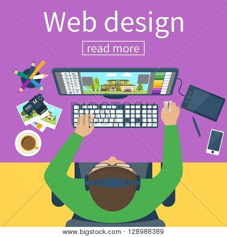 Workplace of designer. Creative worker. Designer items tools equipment. Flat design style. Vector illustration. Designer draws on tablet. Concept graphic design. Designer at table. Man designer.