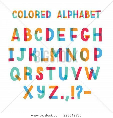 Latin Font Or Decorative English Alphabet Made Of Colorful Adhesive Tape. Set Of Bright Colored Styl