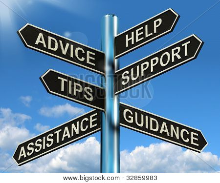 Advice Help Support And Tips Signpost Showing Information And Guidance