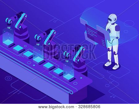 Manufacturing Automatization. Artificial Intelligence Controls Automated Conveyor And Robotized Indu