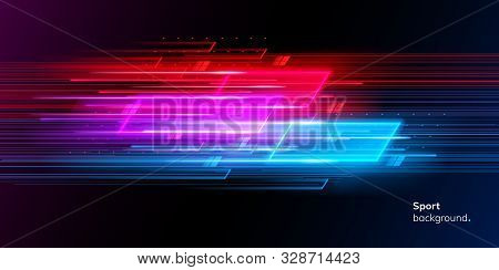 Modern Abstract Sport Background. Trendy Geometric Neon Collage For Speed Movement. Night Race Adver