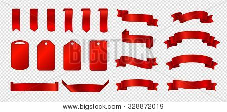 Silk Ribbons. Red Ribbons Badges Vector Set. Realistic Banners And Price Tags Isolated On Transparen