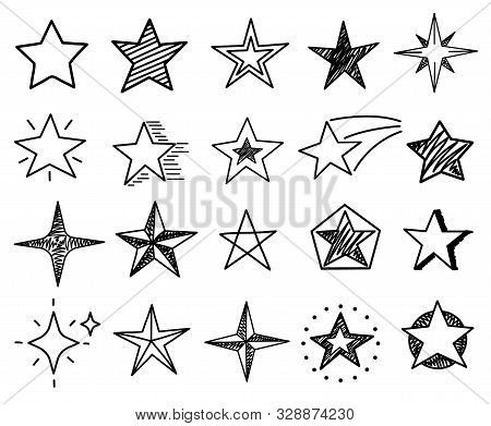 Sketch Stars. Cute Star Shapes, Black Starburst Doodle Signs For Christmas Decoration Isolated Vecto