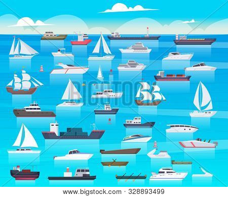 Ship In Sea. Sailing Boats And Passenger Cruise Ship Travel In Ocean Cargo Submarine And Yacht Vecto